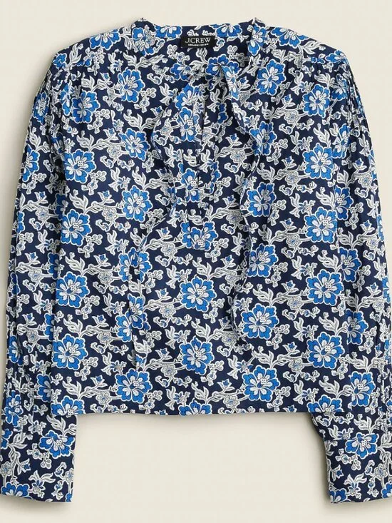 J. Crew V-neck tie top in floral cotton-blend dobby
