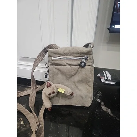 Kipling Crossbody Shoulder Bag Tan Nylon with Plush Monkey Keychain 