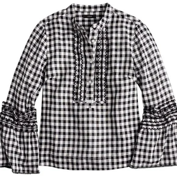 J.Crew Embroidered Black and White Bell-Sleeve Gingham Top