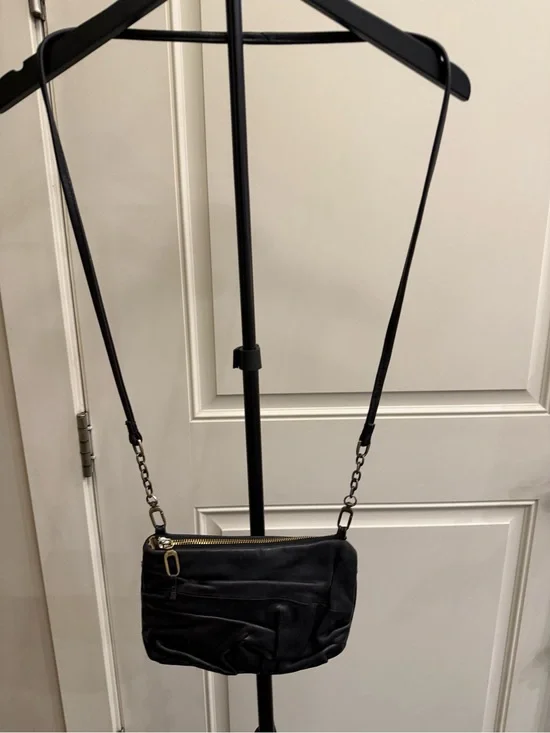 HOBO Black Leather Crossbody Bag with Chain-Accent Strap
