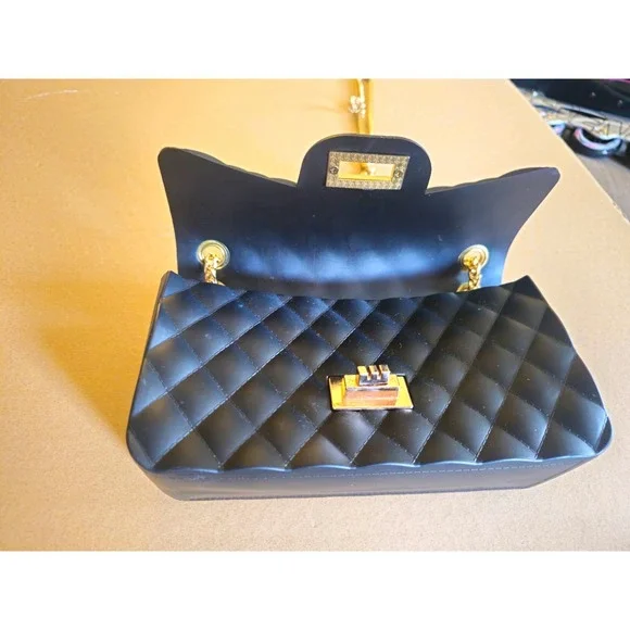 Women's Small Black Quilted Crossbody Or Shoulder Bag Gold Chain Strap Turn Lock