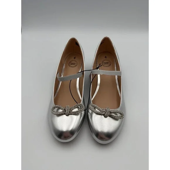 Wonder Nation Girls Silver Metallic Mary Jane Block Heels Sz4 Rhinestone Bow NWT