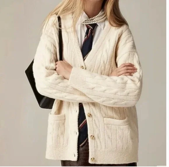 J Crew Relaxed Cable Knit Cardigan Sweater S M CB936 White J.Crew Prep 90s Y2K