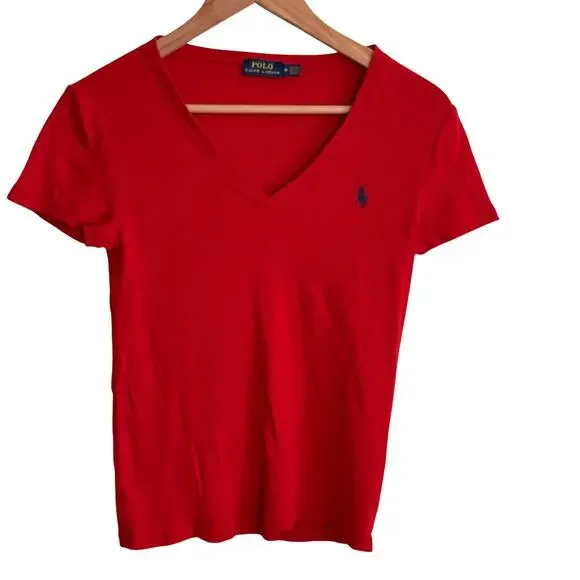 Polo Ralph Lauren Vintage V Neck Tee M Red Top Womens Shirt 90s Y2K Prep