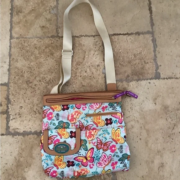 Lily Bloom Crossbody Purse Hand Bag Butterflies Width 12” Length 13” Strap 19”