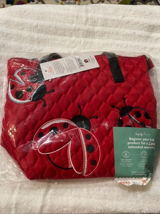 Lug Sprinkler Red Quilted Crossbody Tote with Ladybug Appliqués NWT
