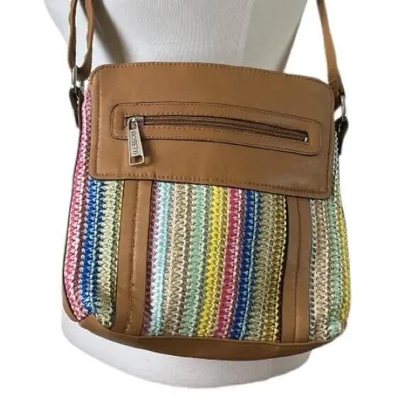 Rossetti Crossbody Bag Pink Blue Yellow Tan Woven Fabric Faux Leather Medium