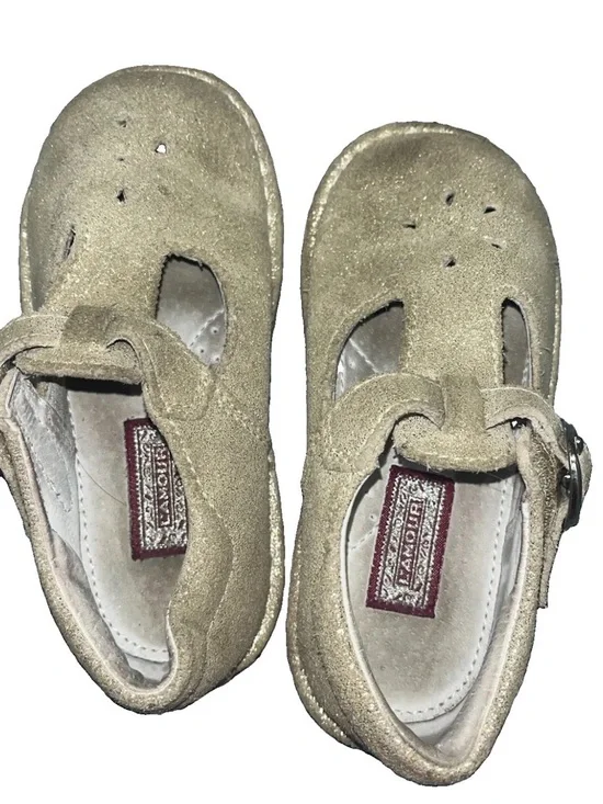 Lamour Girls Size 8 Leather Suede Shimmer Mary Jane Shoes Tan Beige