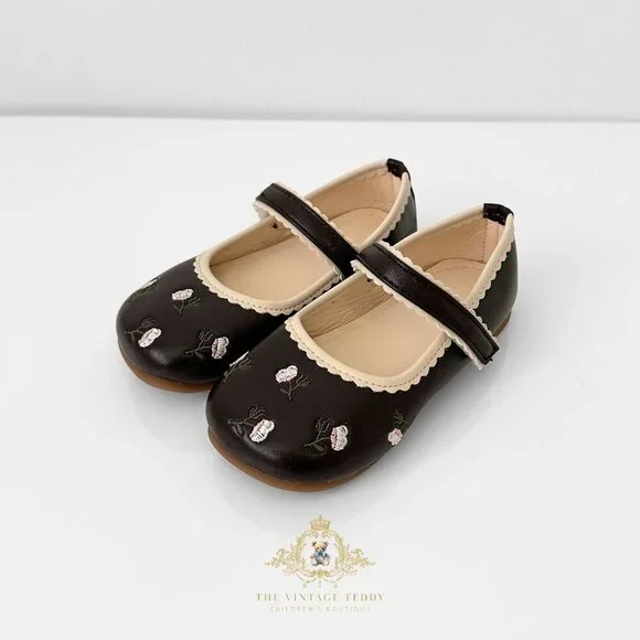 NWT Pretty Girls Mary Jane Flats Embroidered Cute Children's Shoes Brown 2