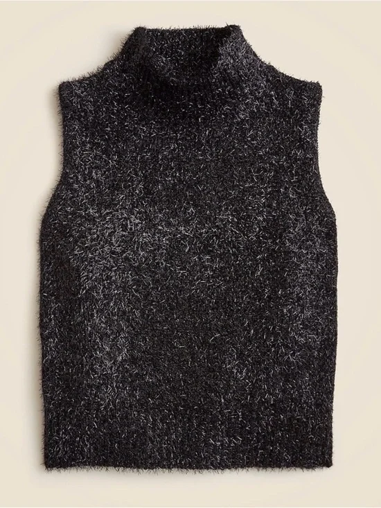 J Crew Sleeveless Turtleneck Sleeveless Shaggy Knit Top - Black & Silver