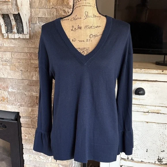 J. Crew 100% merino wool navy blue v-neckline flare sleeve hi lo sweater