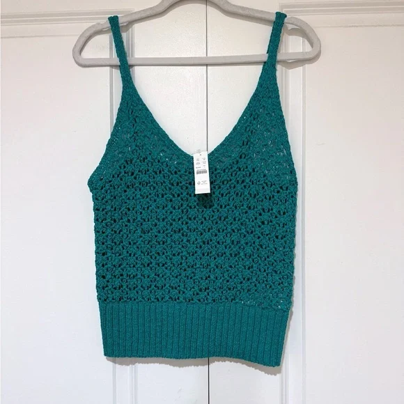 NWT J. Crew Teal Cropped V-Neck Sweater Tank in Textured Pointelle BR545