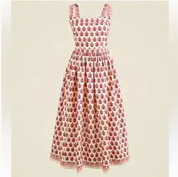 J Crew Apron Midi Dress 8 Red Block Print Foral NWT CK832 J.Crew Boho Western