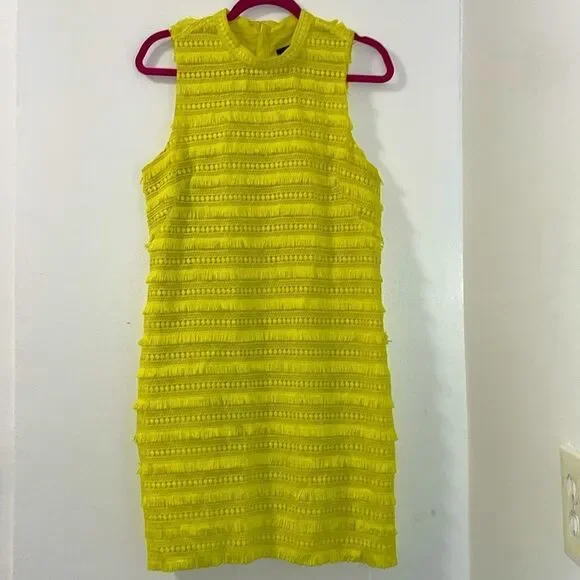 Beautiful bright yellow fringed tassel embroidered j crew lined dress