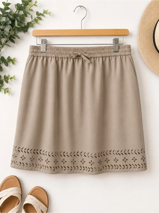 J. Crew Women's Laser-Cut Hem Elastic Waist Skirt Taupe tan lightweight size 12