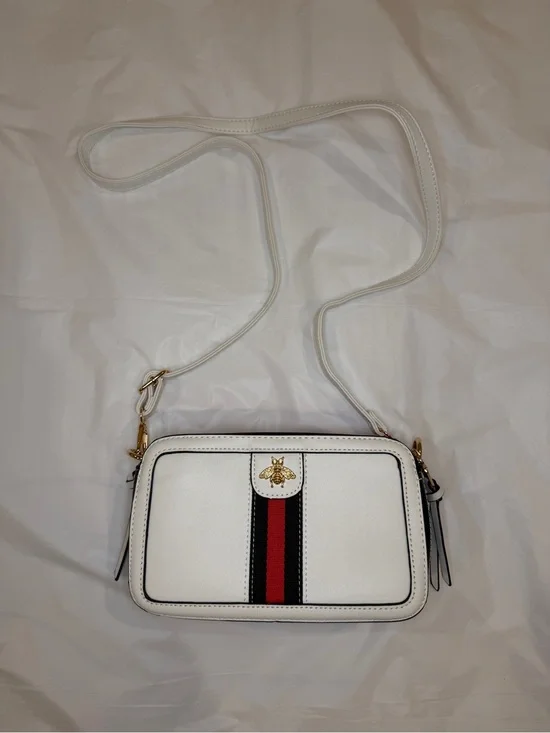 White Crossbody Bag with Red and Black Stripe and Gold Bee Accent