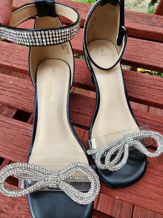 Black Dress Sandals with Rhinestone Bow & Ankle Strap Girls Size 3