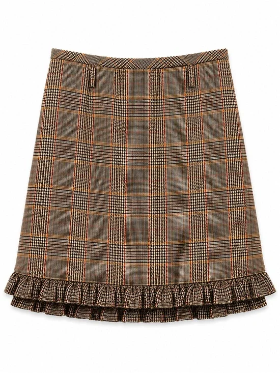 J. Crew Plaid A-Line Skirt with Ruffle Hem - Brown and Tan