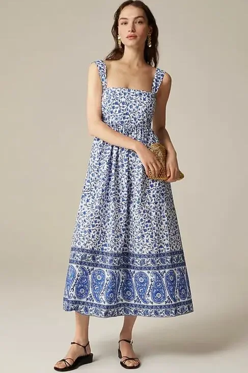 J Crew Square Neck Midi Dress 6 Blue Bandana Floral NWT CK798 J.Crew Western