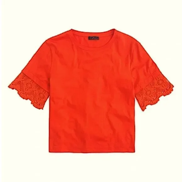 J Crew neck Lace embroidered Sleeve blouse Tee Sunset red orange cotton S