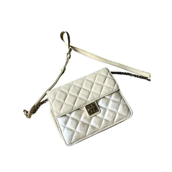 Isaac Mizrahi Ivory Quilted Crossbody Bag Gold Turn Lock Chain Strap Purse