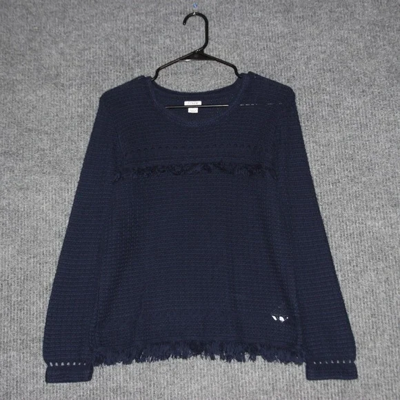 J Crew Navy Blue Cotton Knit Fringe V Neck Sweater Womens Size S Pullover‎