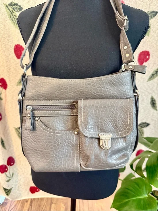 Rosetti Gray-Taupe Textured Crossbody Bag with Front Flap Pocket