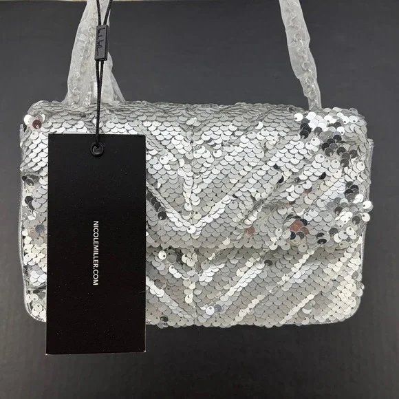Nicole Miller Sequin Crossbody Clutch Evening Bag Silver Chevron Metallic‎ Small