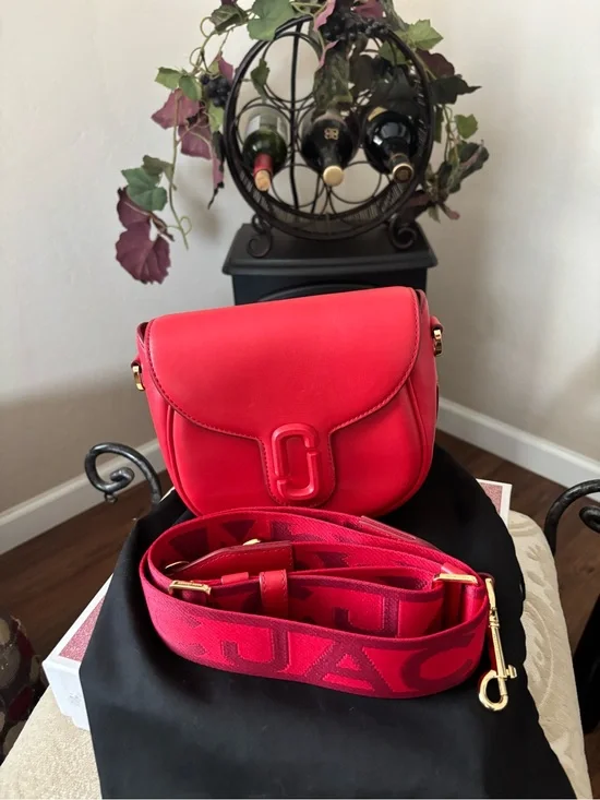 Marc Jacobs Bright Red Crossbody Saddle Bag with Logo Strap