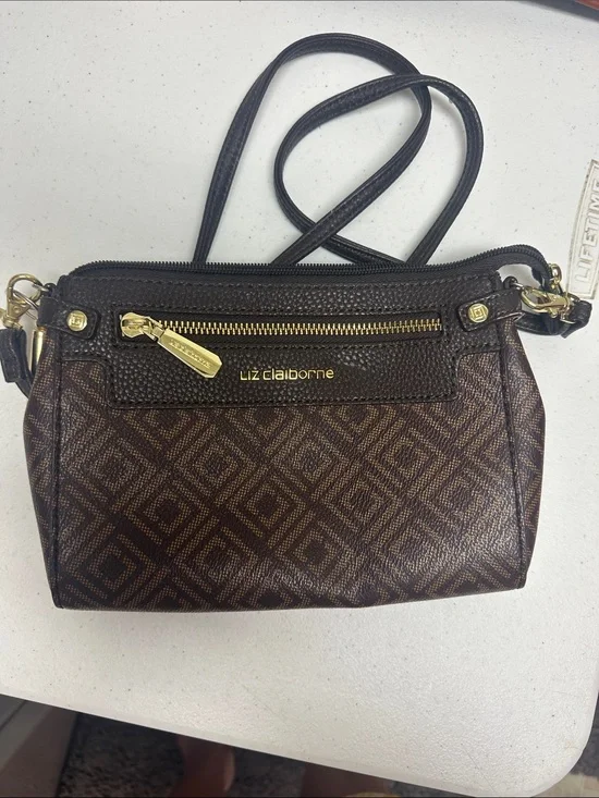 Liz Claiborne Brown Diamond-Pattern Crossbody with Gold Hardware