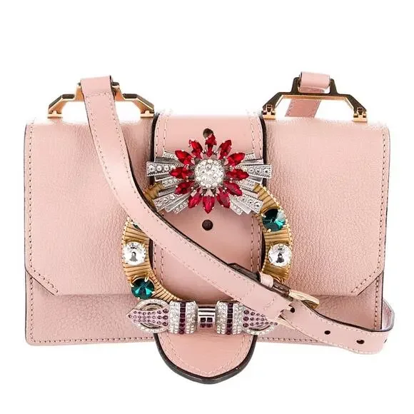 RARE Miu Miu Crystal Embellished Crossbody Bag Pink Leather with Multicolor