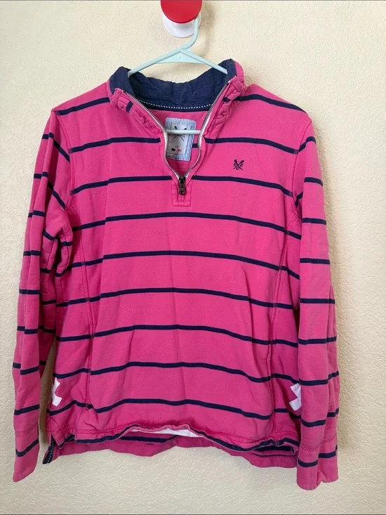 J. Crew Pink and Navy Striped Quarter-Zip Pullover