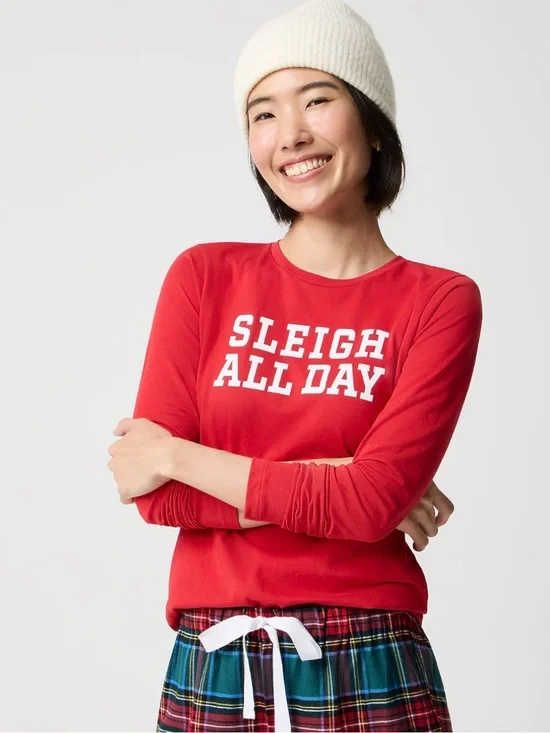 New! J. Crew 100% Cotton Sleigh All Day Graphic Long-Sleeve Top Red