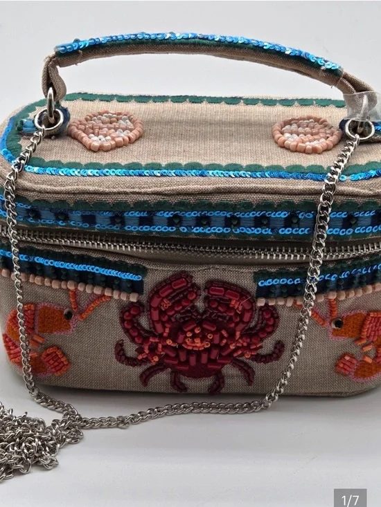 Handmade in India Beaded Crab Lobster Box Bag Crossbody Purse Coastal NWT