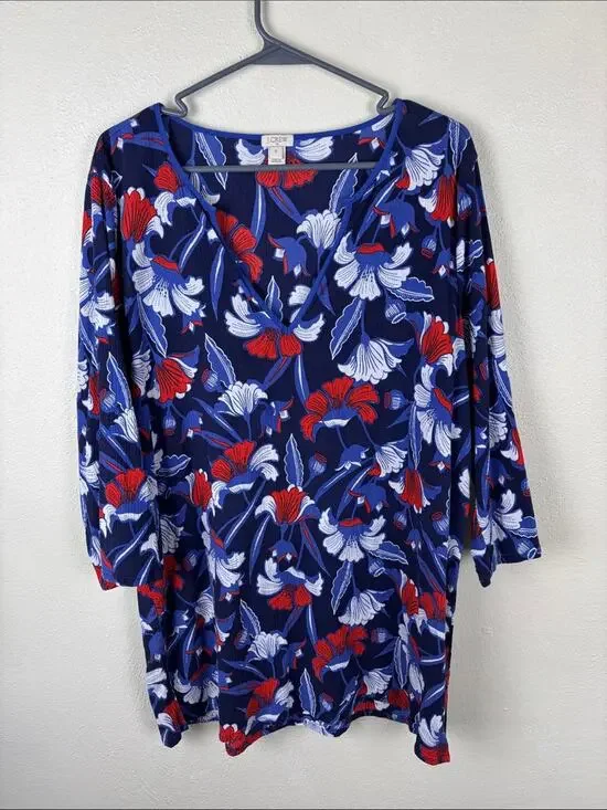 J.Crew V-Neck Tunic Top XL Blue Red White 3/4 Sleeve Cotton Swim Patriotic