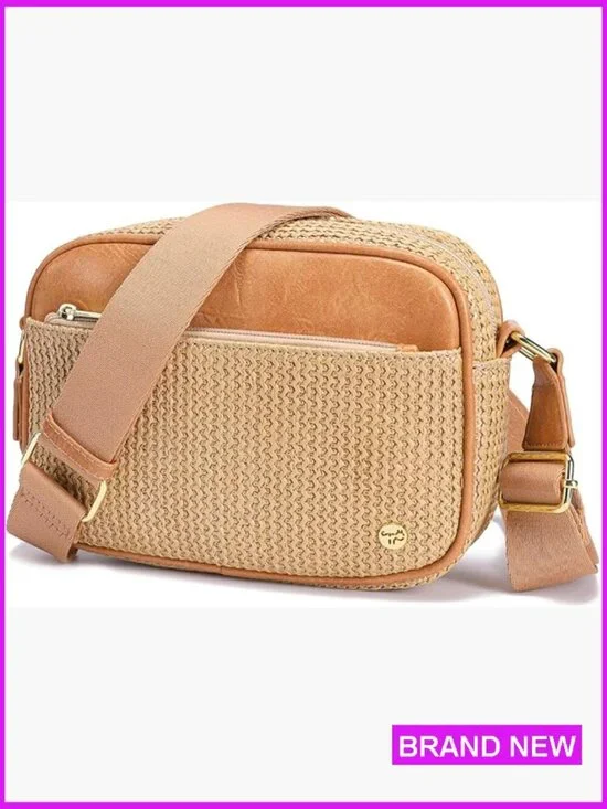 Faux Straw Crossbody Bag RFID Woven Beach Vacation Purse Summer Travel