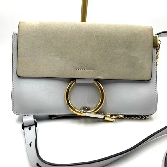 Auth CHLOE Small Faye Crossbody Bag Powder Blue Leather Putty Suede Very Good