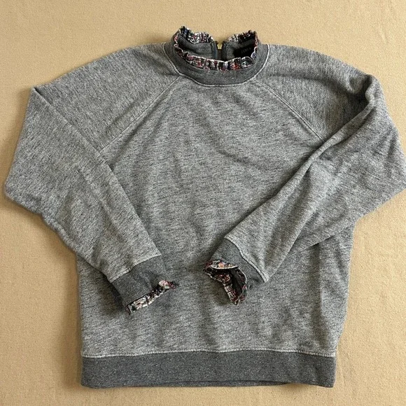 J.Crew Grey Raglan Sweatshirt Metallic Ruffle Trim Back Zip Heathered Top