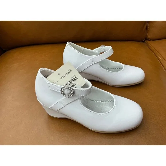 Christie & Jill Mary Jane Wedge Girls 11M White New Rhinestone Heart CJ Heart