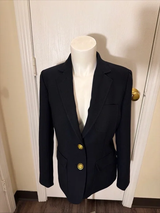 J Crew Blazer Womens Sz 8 Petite Navy Blue Gold Buttons Schoolboy Wool