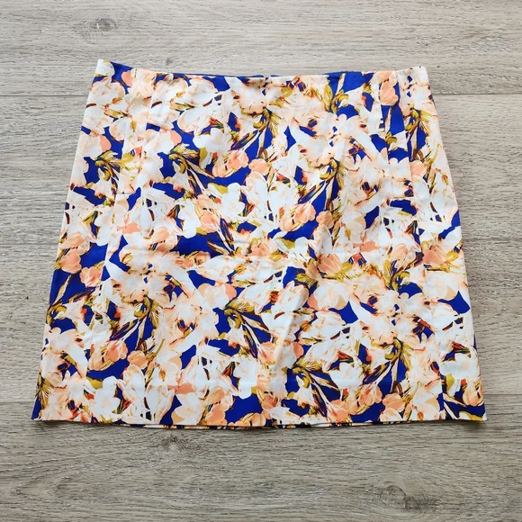 J. Crew Orange Blue Floral Skirt Womens 6 Cotton Business Casual Nwt