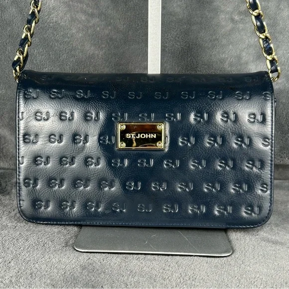 St. John Navy Blue Patent Leather Embossed SJ Monogram Chain Shoulder Bag