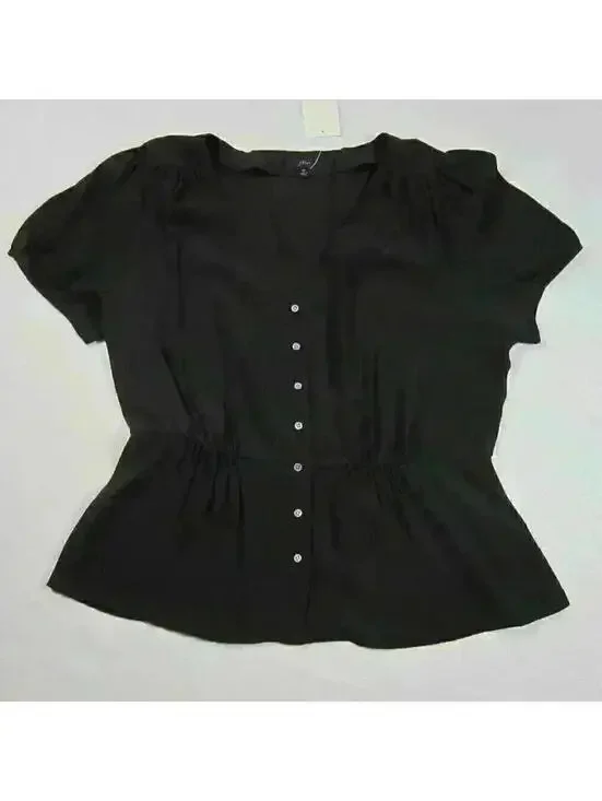 J.Crew Black Button Front Peplum Top V-Neck Short Sleeve Blouse Size Medium NWT