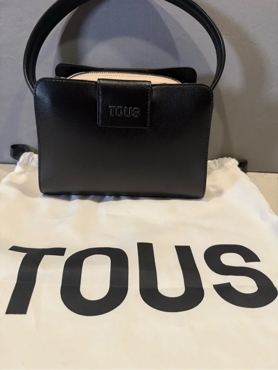 TOUS Black Leather Crossbody Bag with Cream Interior Accent
