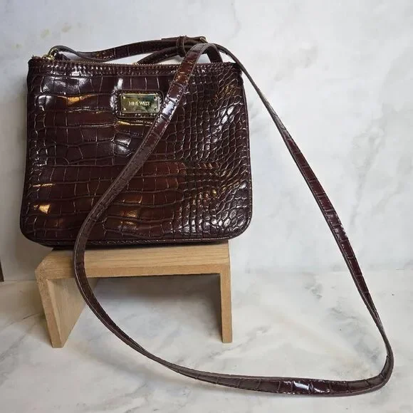 Nine West Kiss-Poptop Brown Crossbody Croc Alligator Bag