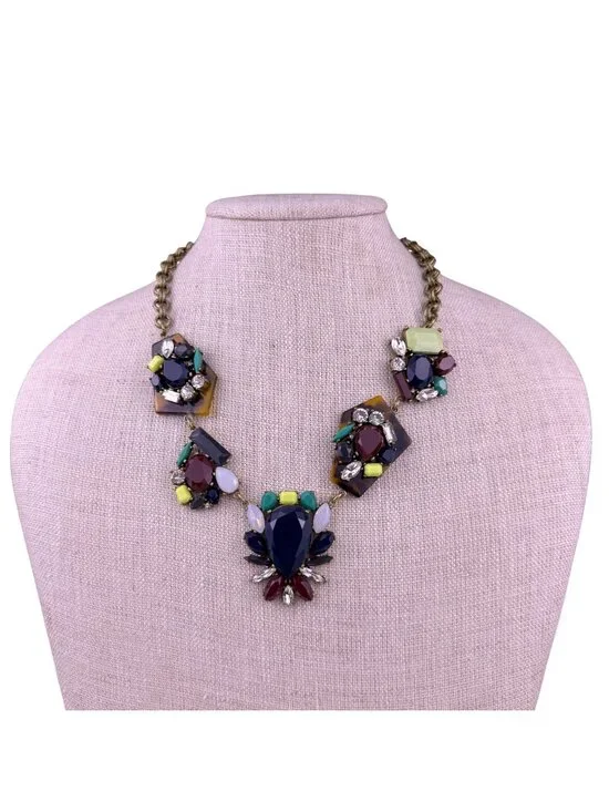 J. Crew Womens Multicolor Beaded Stone Statement Necklace Chain Vintage