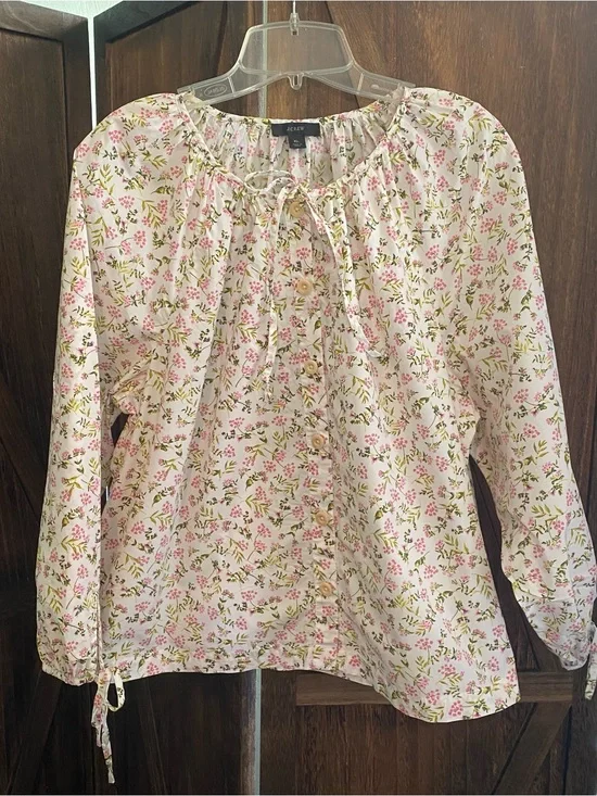 J. Crew Pink Floral Tie-Neck Button-Front Blouse