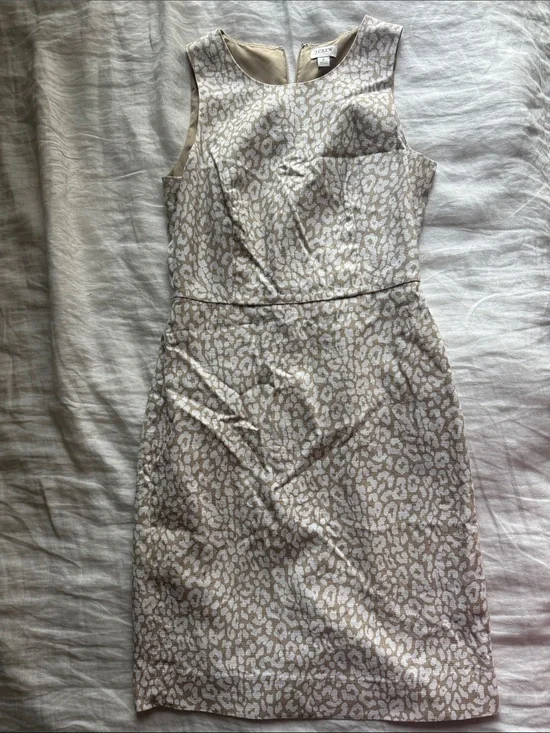 J. Crew Beige and White Sleeveless Jacquard Midi Sheath Dress