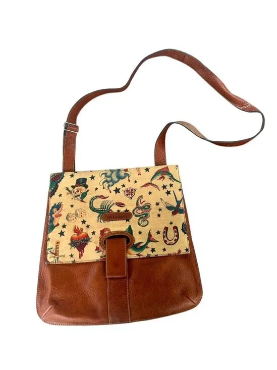 D'Luciano Leather and Canvas Graphic Snake Skull Heart Mermaid Crossbody Purse