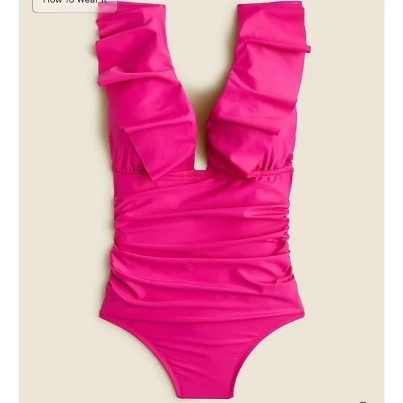 NWT J. Crew Women's‎ Pink Ruched Ruffle One-Piece Swimsuit Size 4 Poolside Beach